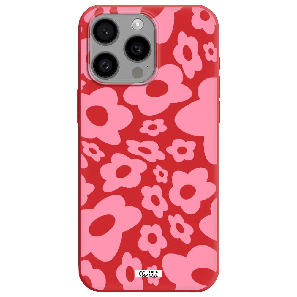 Five Petal Pink Flower Apple Iphone 15 Pro Max Silicone Imperial Red Case