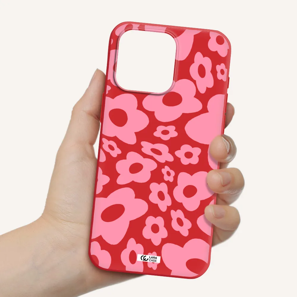 Five Petal Pink Flower Apple Iphone 15 Pro Max Silicone Imperial Red Case