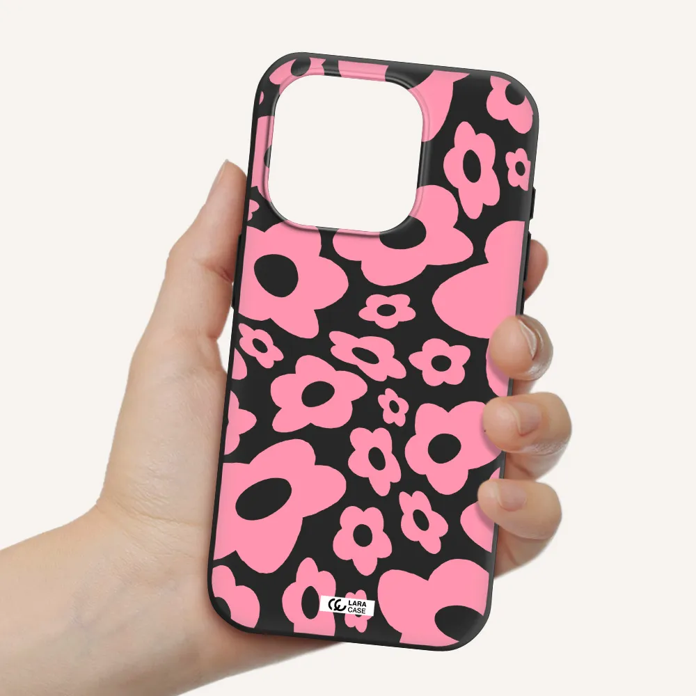 Five Petal Pink Flower Apple Iphone 15 Pro Silicone Black Case