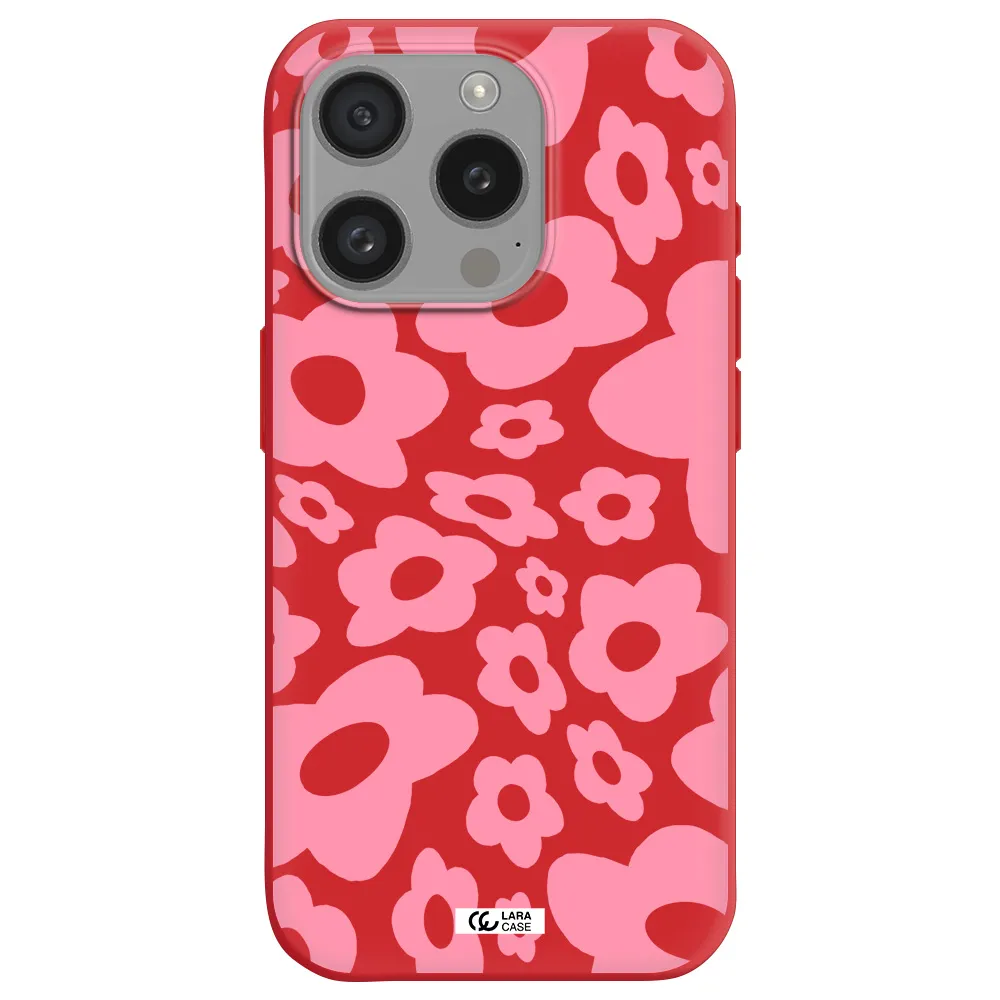 Five Petal Pink Flower Apple Iphone 15 Pro Silicone Imperial Red Case