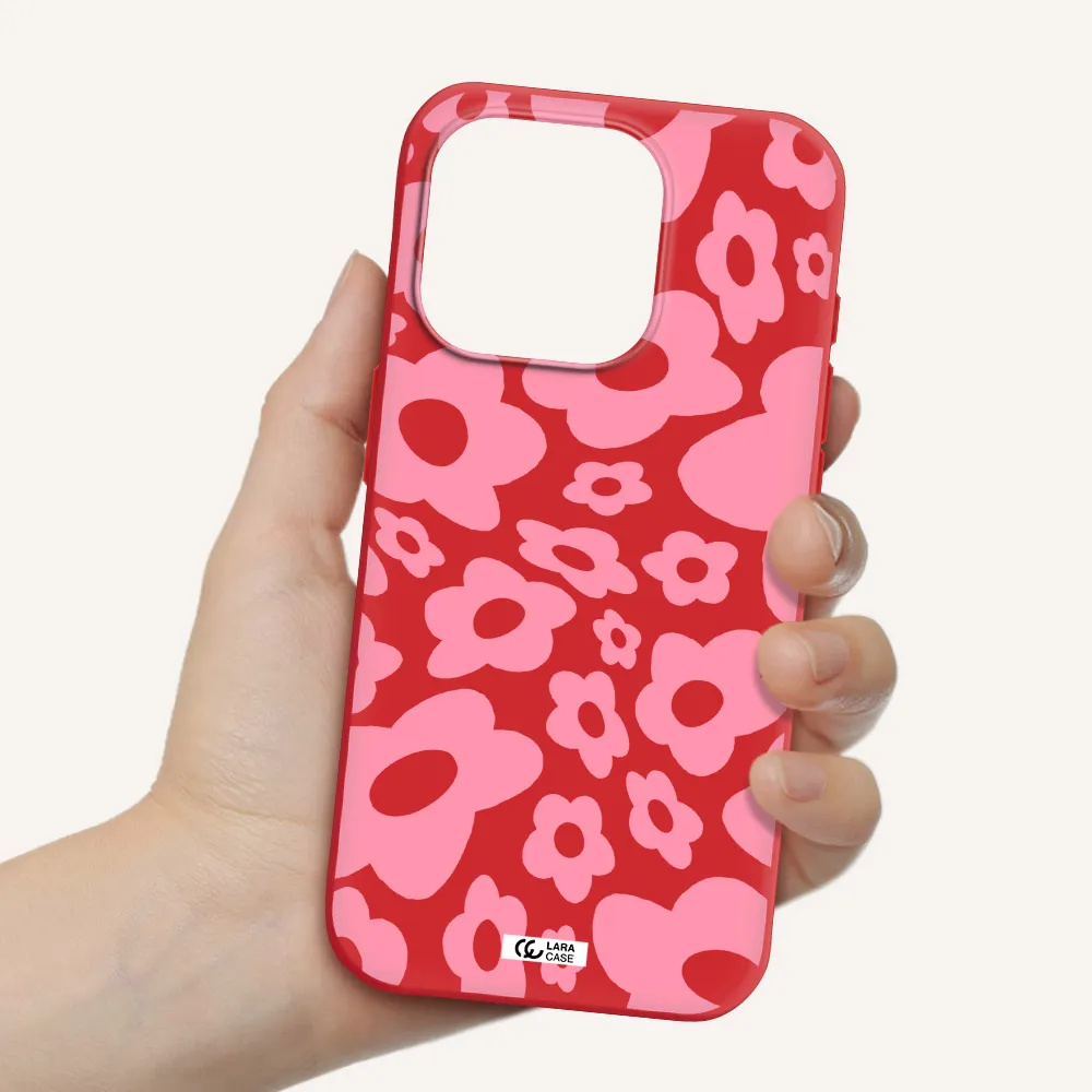 Five Petal Pink Flower Apple Iphone 15 Pro Silicone Imperial Red Case