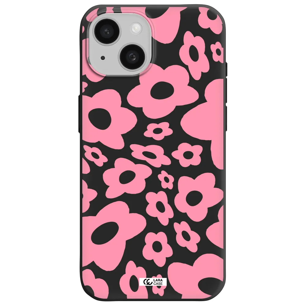 Five Petal Pink Flower Apple iPhone 15 Silicone black Case