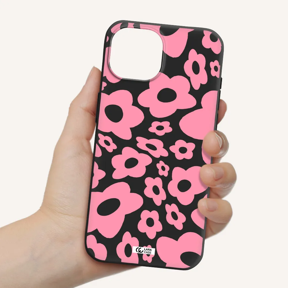 Five Petal Pink Flower Apple iPhone 15 Silicone black Case