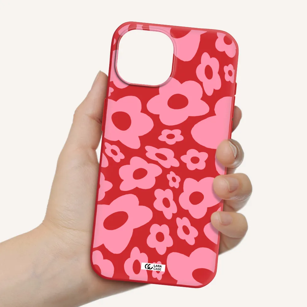 Five Petal Pink Flower Apple Iphone 15 Silicone Imperial Red Case