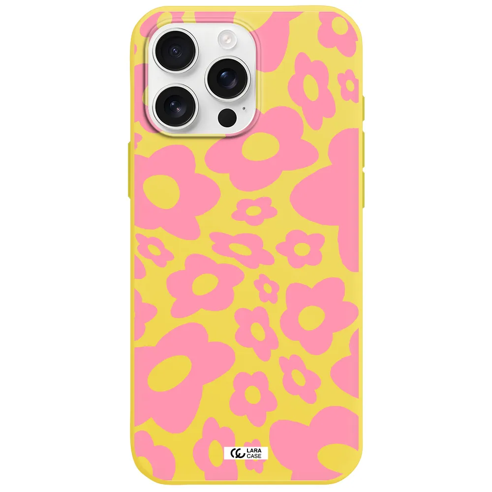 Five Petal Pink Flower Apple Iphone 16 Pro Max Silicone Canary Yellow Case