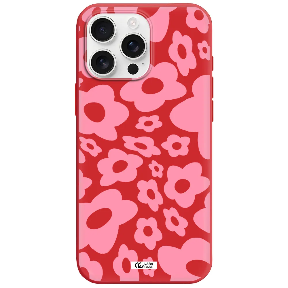 Five Petal Pink Flower Apple Iphone 16 Pro Max Silicone Imperial Red Case