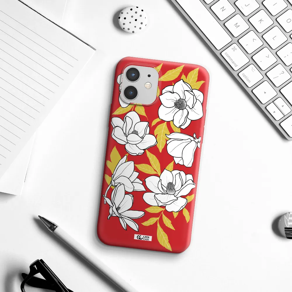 White Quince Flower Apple iPhone 12 Silicone Imperial Red Case