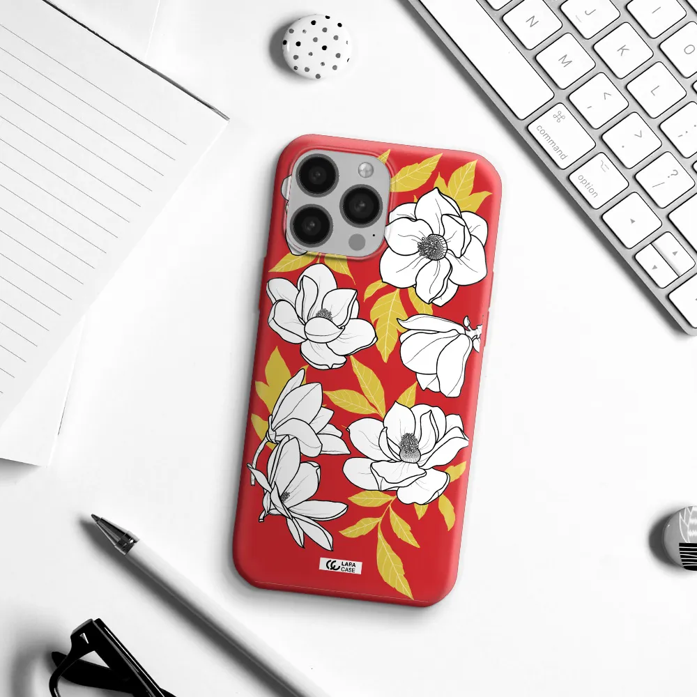 White Quince Flower Apple iPhone 13 Pro Max Silicone Imperial Red Case