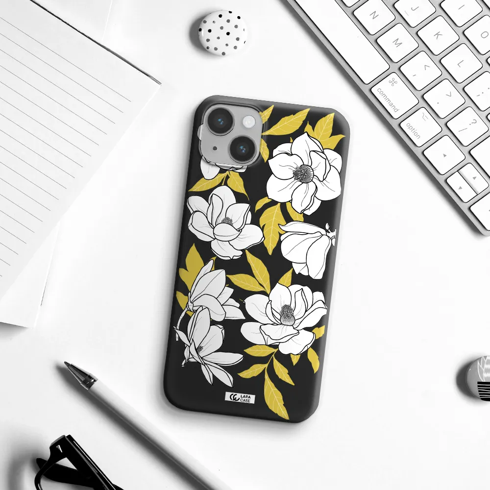 White Quince Flower Apple iPhone 14 plus Silicone black Case