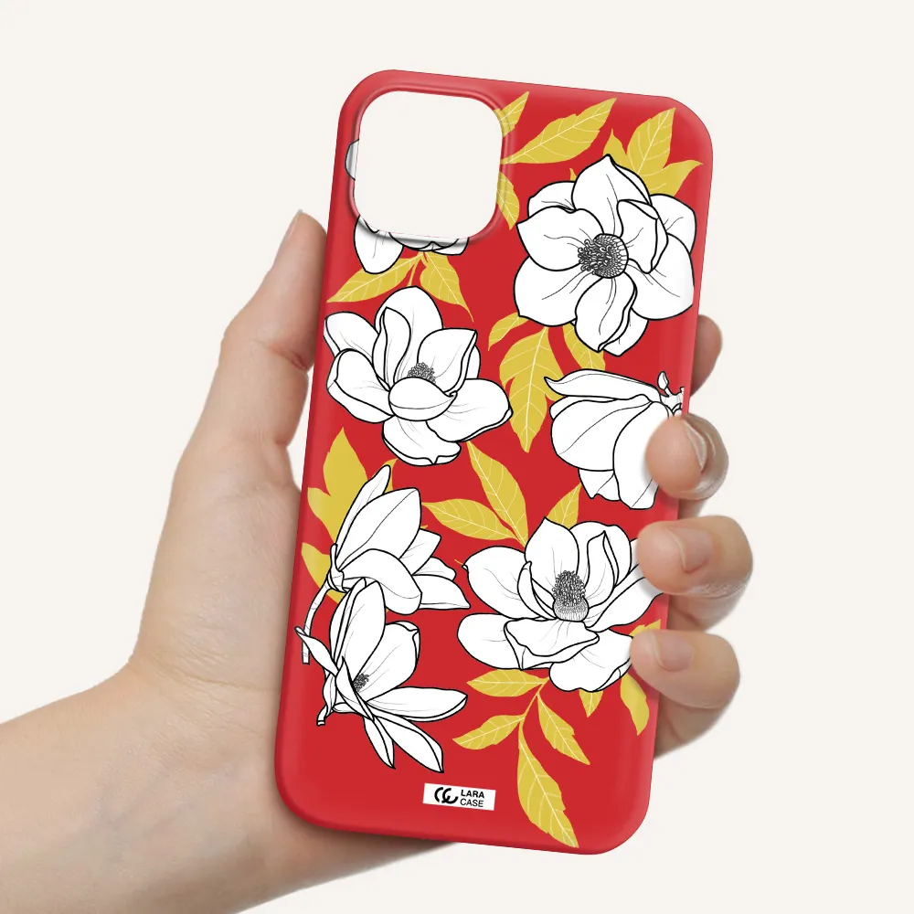 White Quince Flower Apple iPhone 14 plus Silicone Imperial Red Case