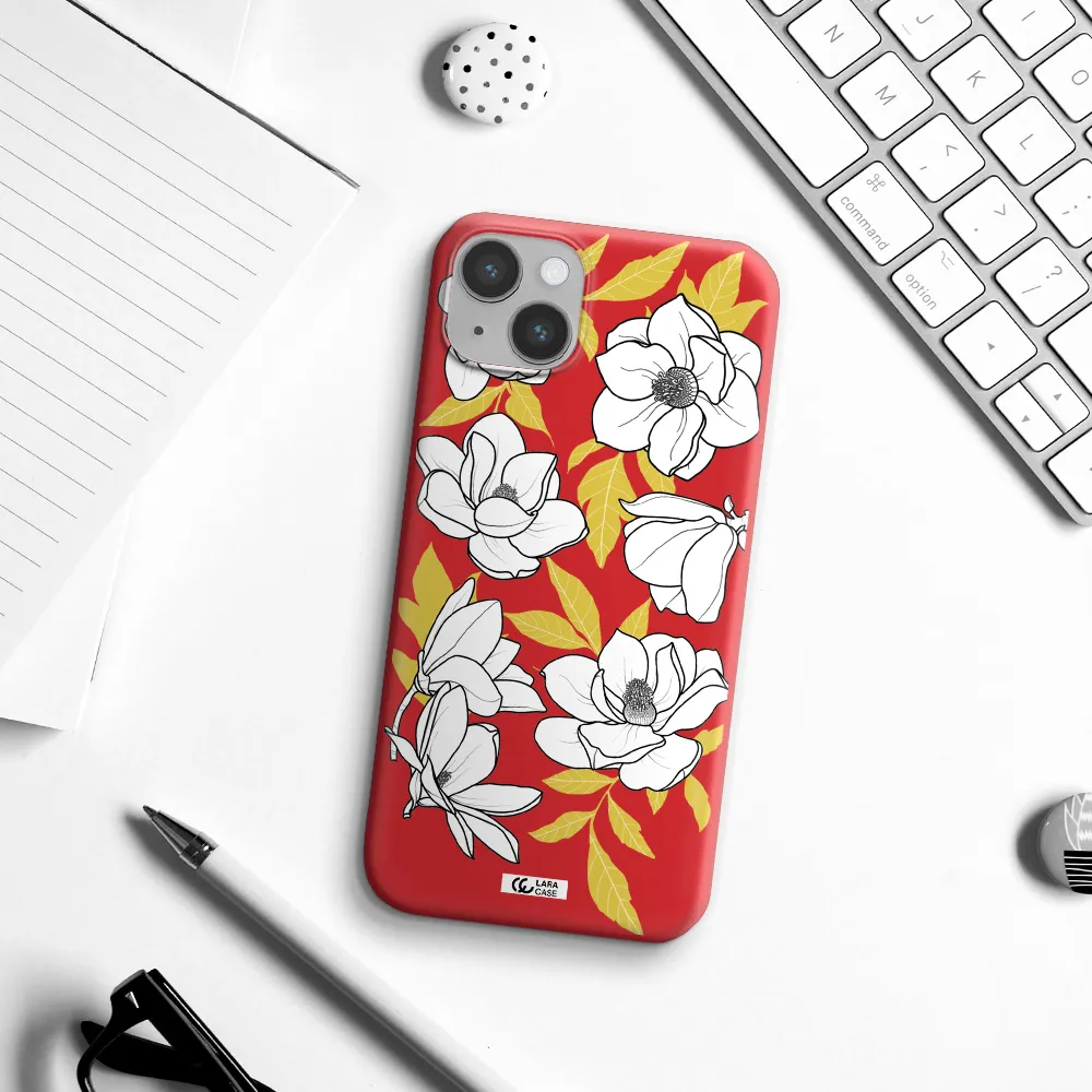 White Quince Flower Apple iPhone 14 Silicone Imperial Red Case