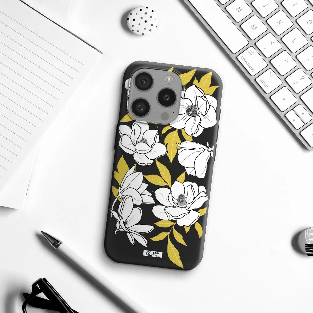 White Quince Flower Apple Iphone 15 Pro Silicone Black Case