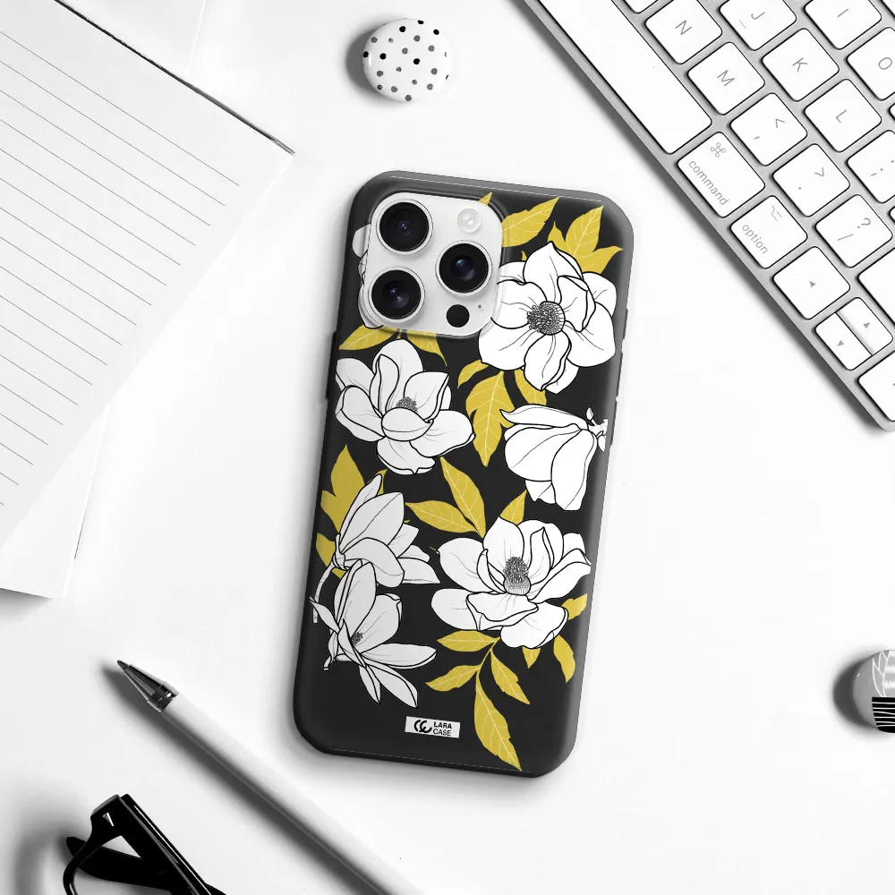 White Quince Flower Apple Iphone 16 Pro Max Silicone Black Case