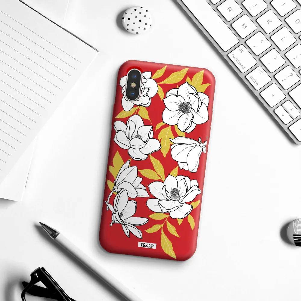 White Quince Flower Apple iPhone XS Silicone Imperial Red Case