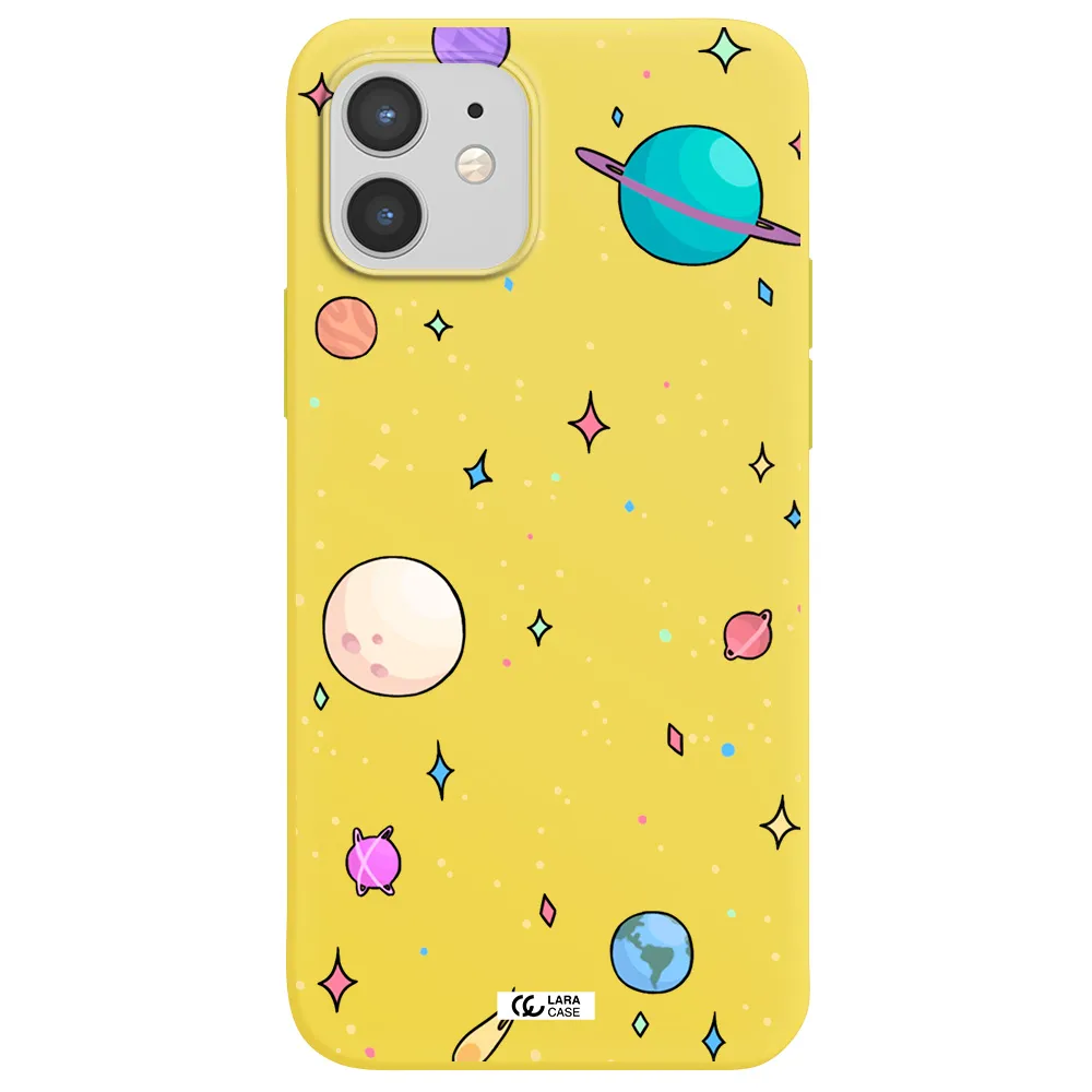 Solar System Print Apple iPhone 12 Silicone canary yellow Case
