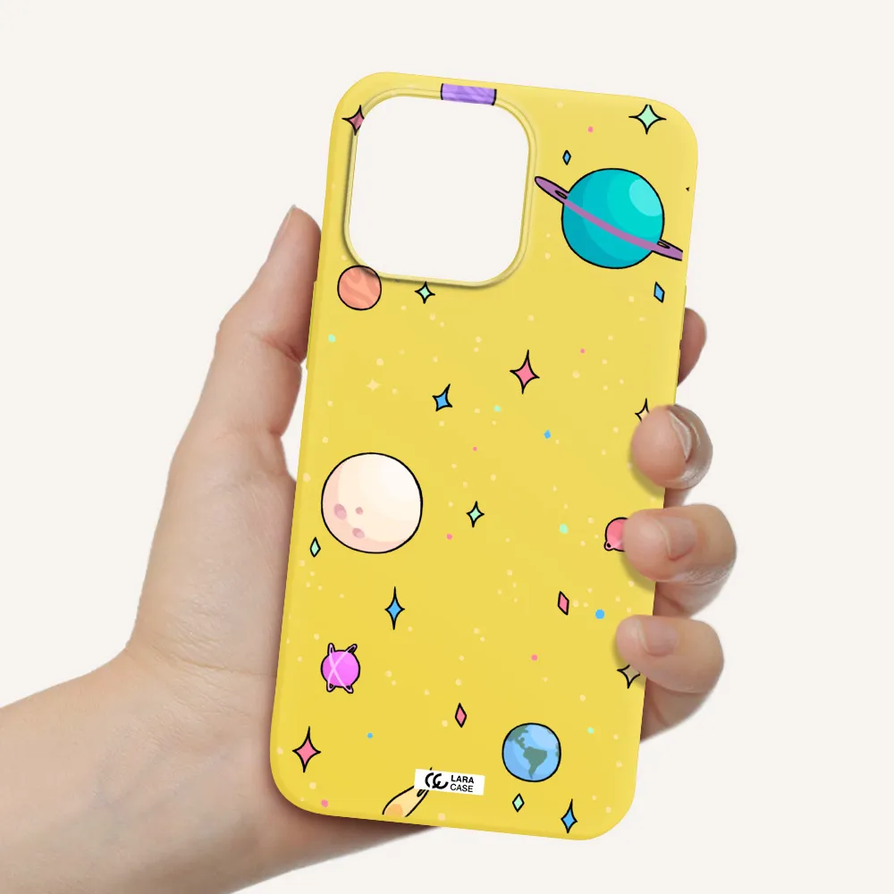 Solar System Print Apple iPhone 14 pro Silicone canary yellow Case