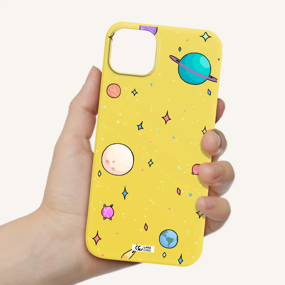Solar System Print Apple iPhone 14 Silicone canary yellow Case