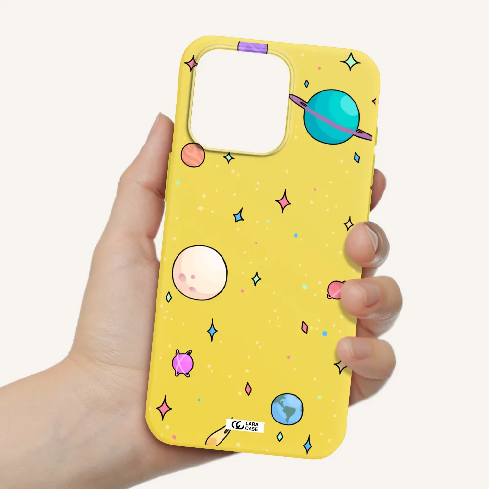 Solar System Print Apple Iphone 15 Pro max Silicone canary yellow Case