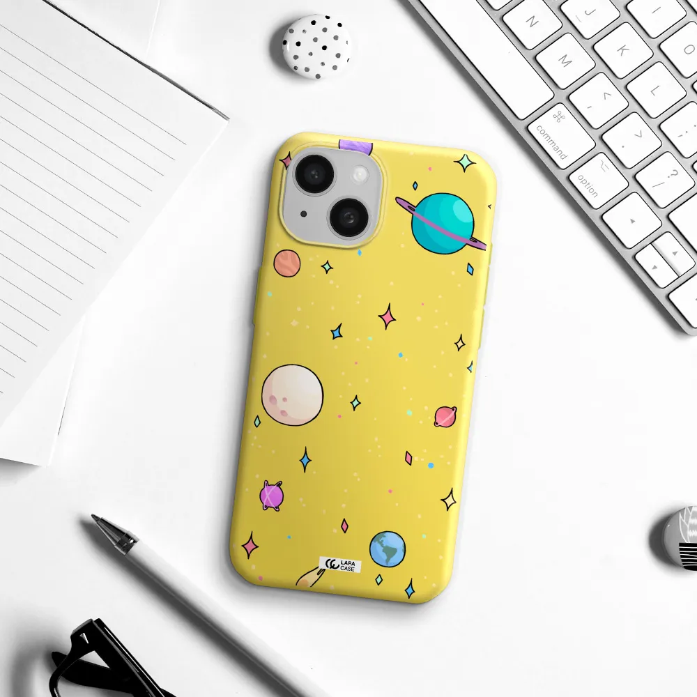 Solar System Print Apple iPhone 15 Silicone canary yellow Case
