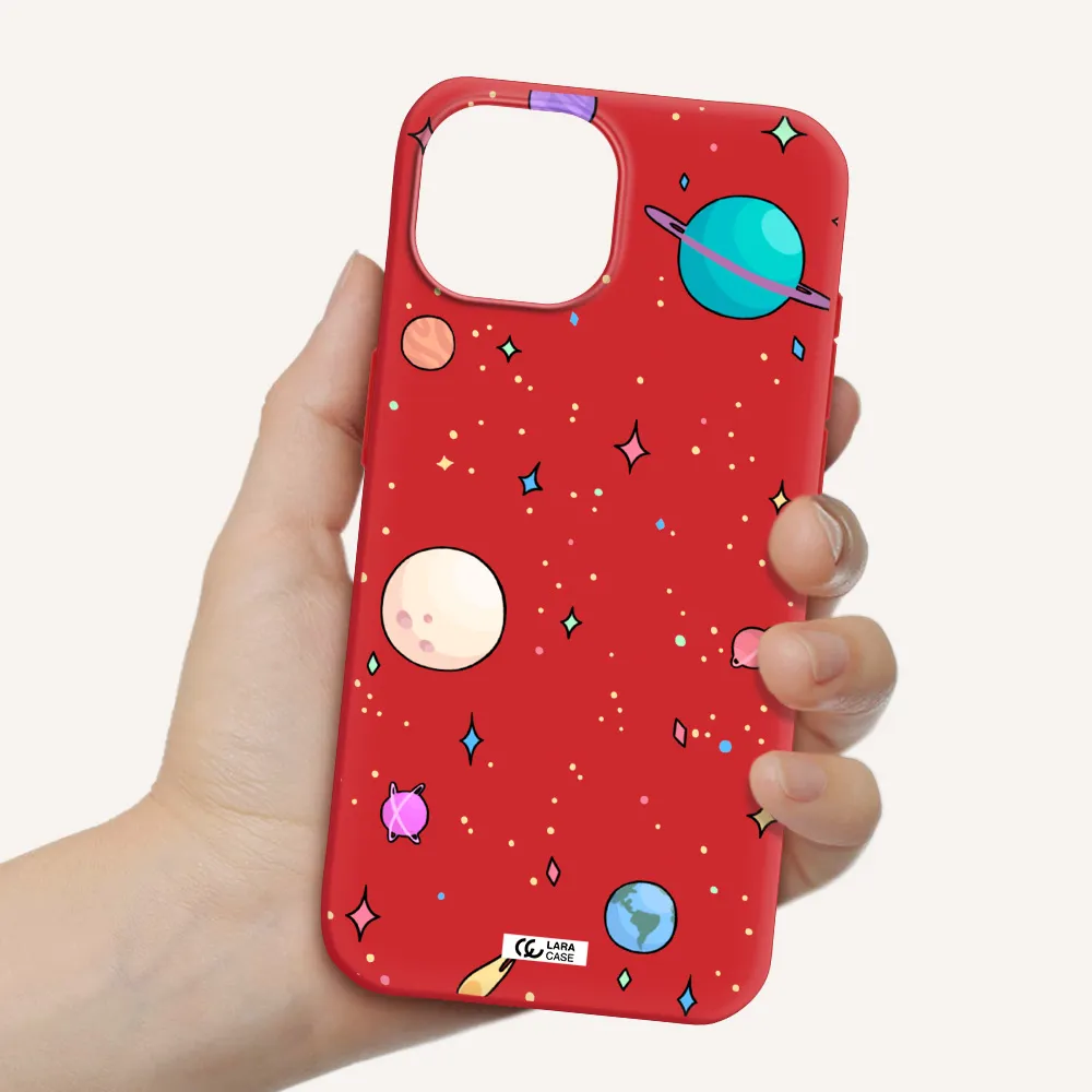 Solar System Print Apple Iphone 15 Silicone Imperial Red Case