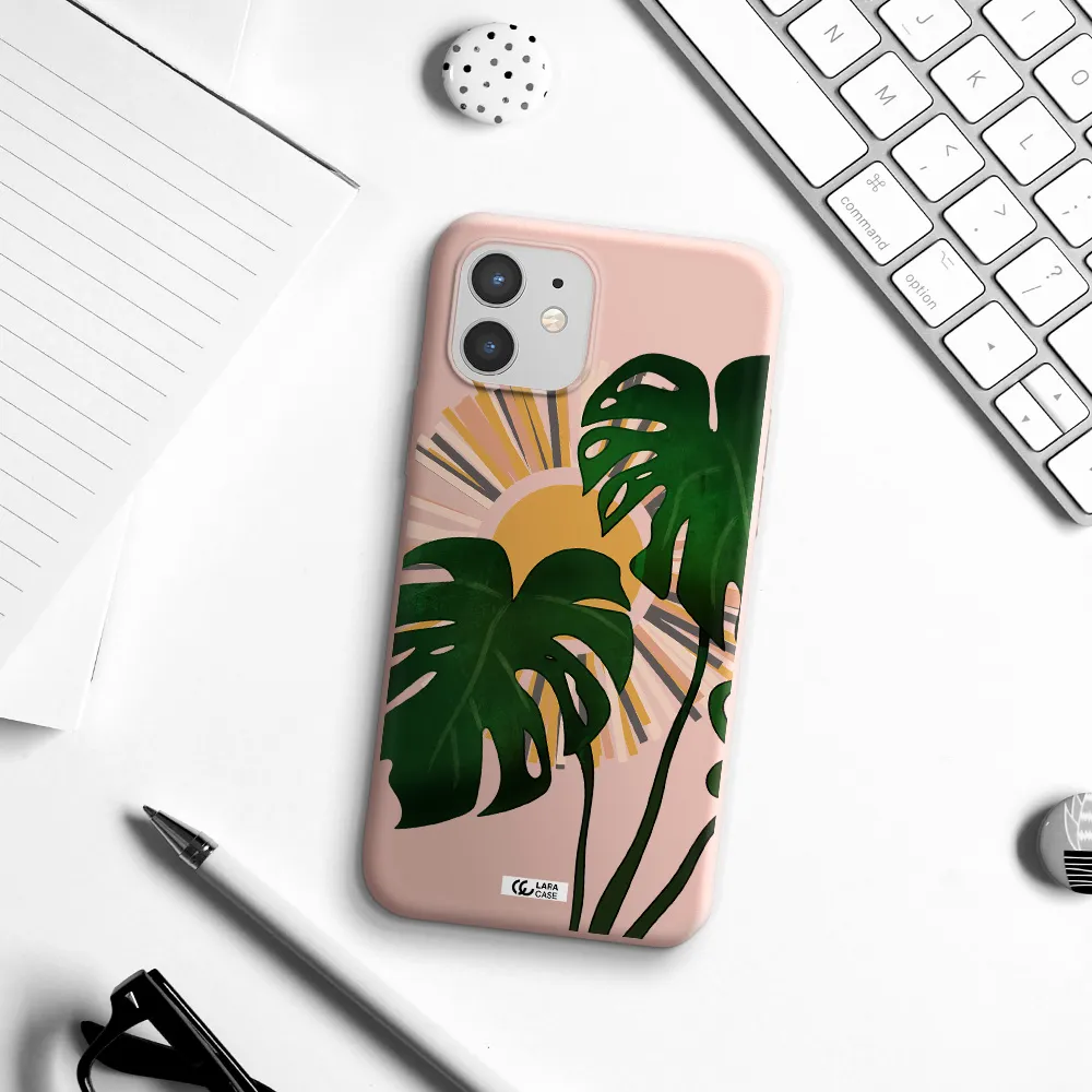 Monstera Leaf Apple iPhone 12 Silicone pastel pink Case