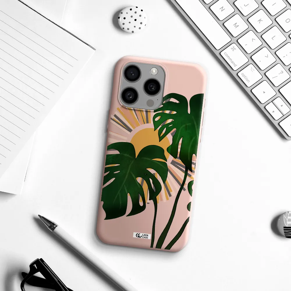 Monstera Leaf Apple Iphone 15 Pro max Silicone pastel pink Case