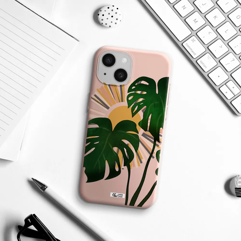 Monstera Leaf Apple Iphone 15 Silicone Pastel Pink Case