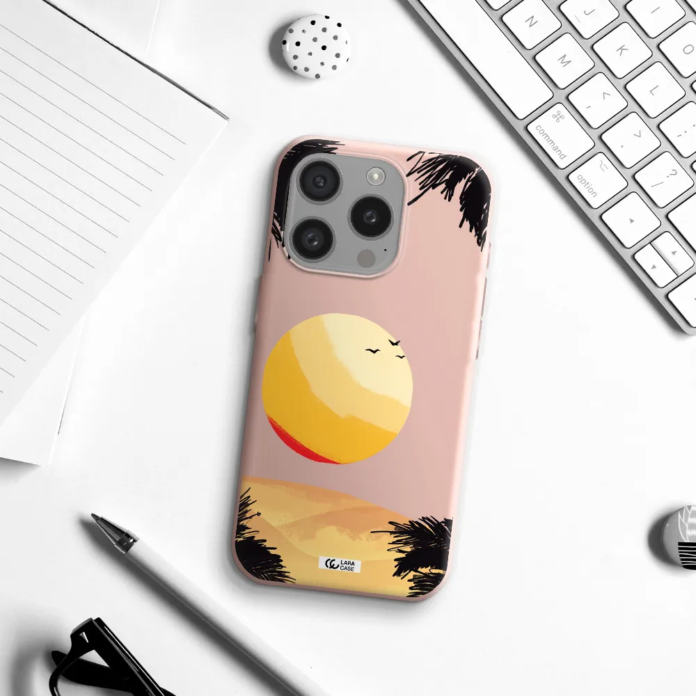 Sunset On The Beach Apple Iphone 15 Pro Silicone Pastel Pink Case