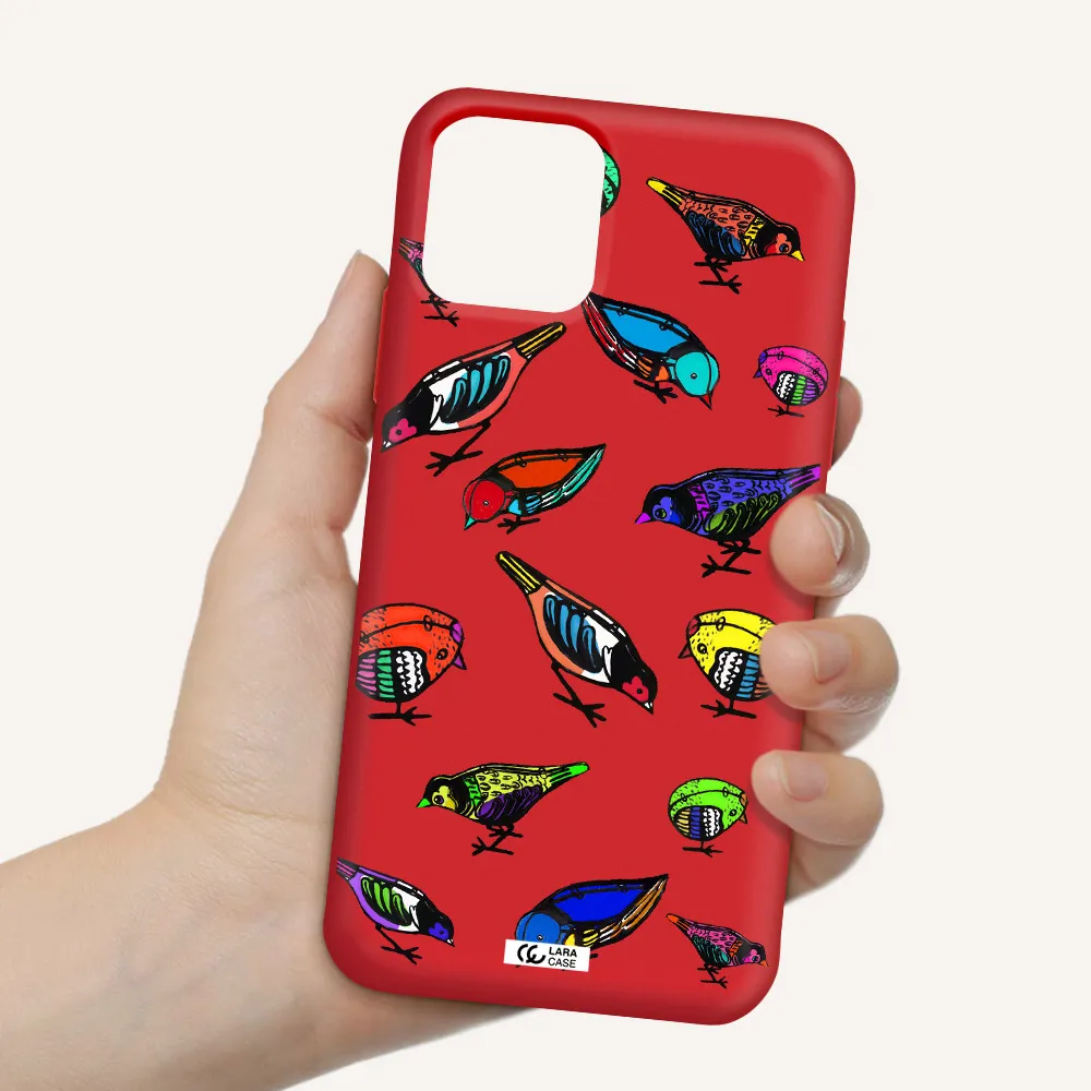 Colorful Birds Drawing Apple iPhone 11 pro max Silicone Imperial Red Case