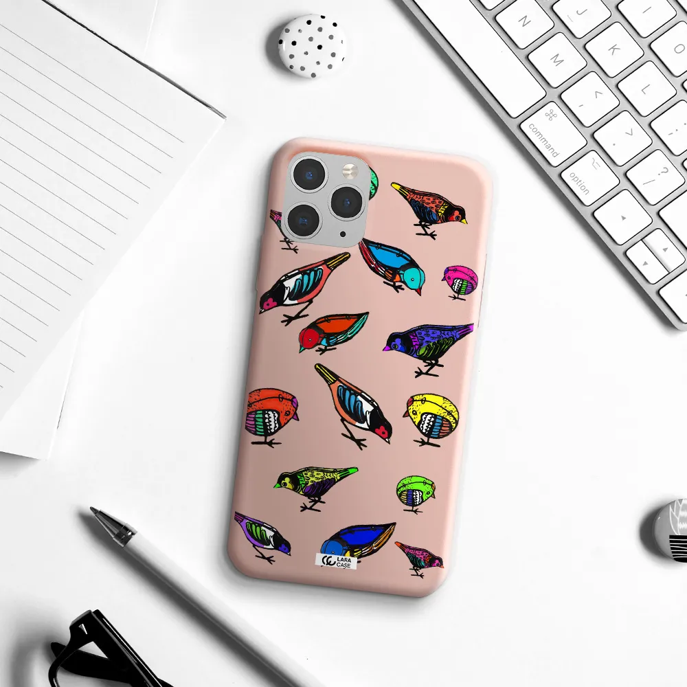 Colorful Birds Drawing Apple iPhone 11 pro max Silicone pastel pink Case