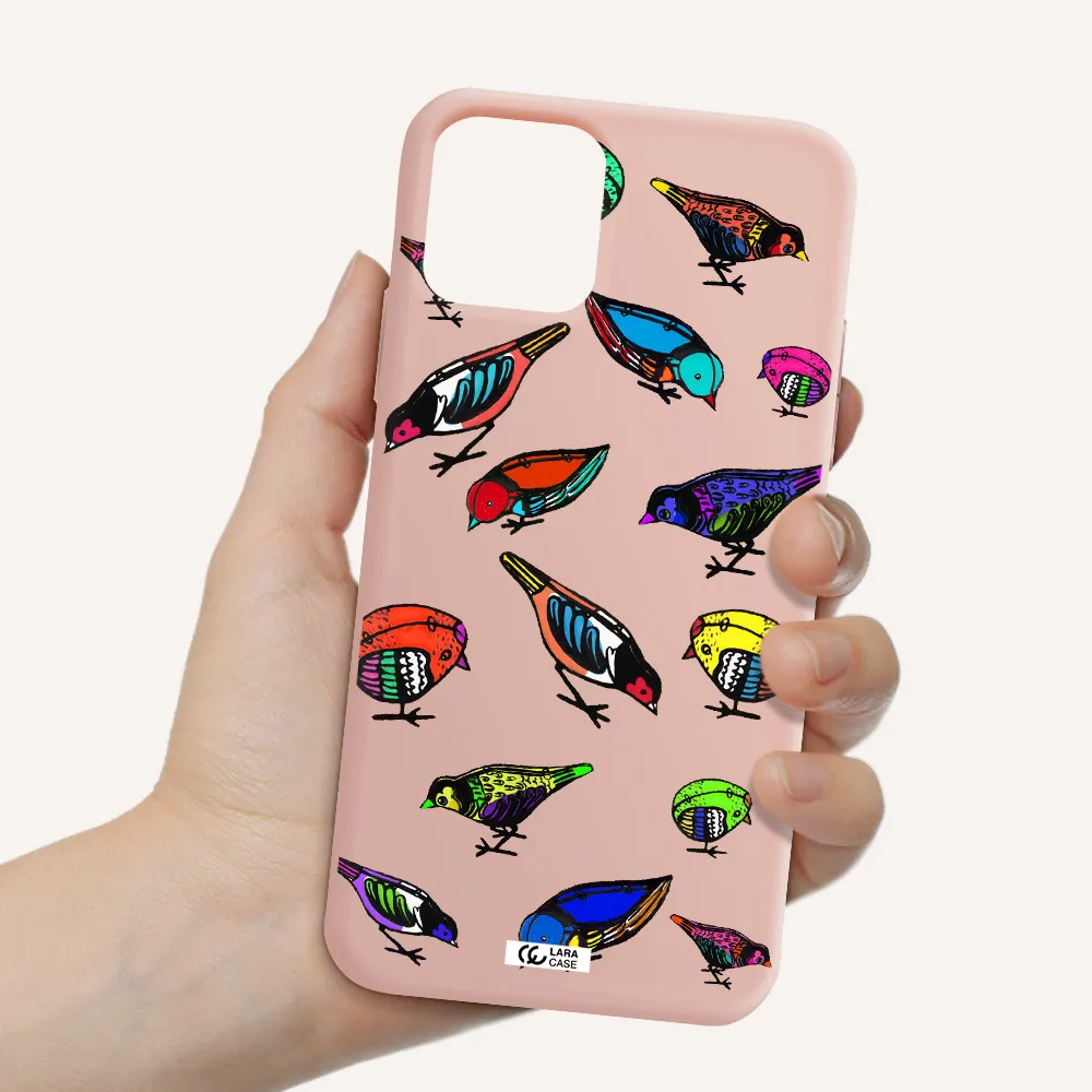 Colorful Birds Drawing Apple iPhone 11 pro Silicone pastel pink Case