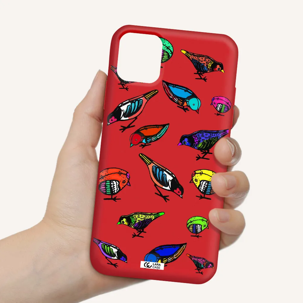Colorful Birds Drawing Apple iPhone 11 Silicone Imperial Red Case