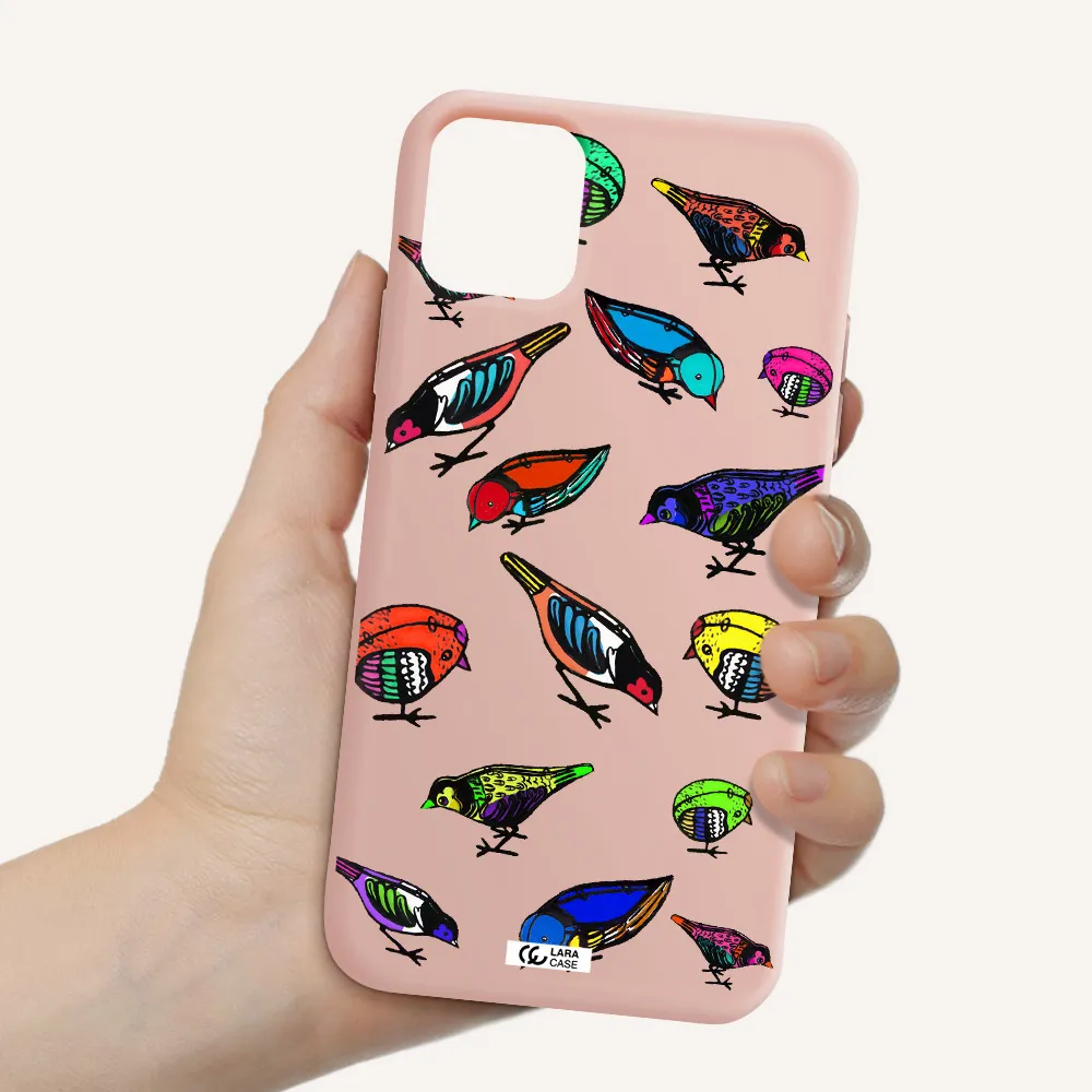 Colorful Birds Drawing Apple iPhone 11 Silicone pastel pink Case