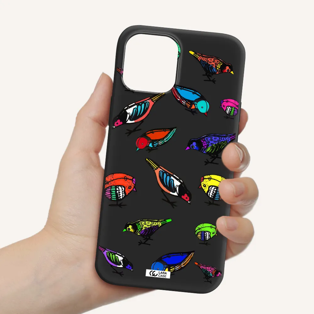 Colorful Birds Drawing Apple iPhone 12 pro max Silicone black Case