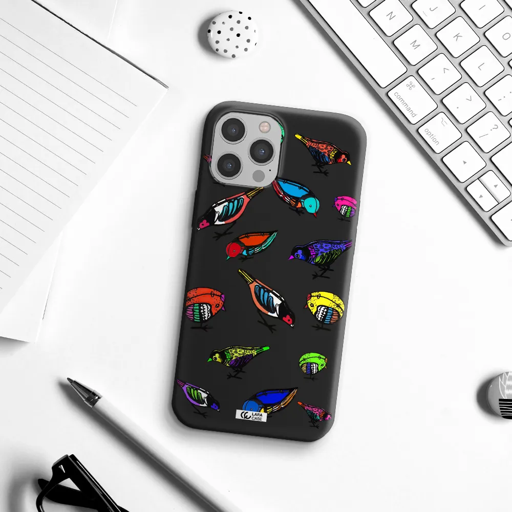 Colorful Birds Drawing Apple iPhone 12 pro max Silicone black Case