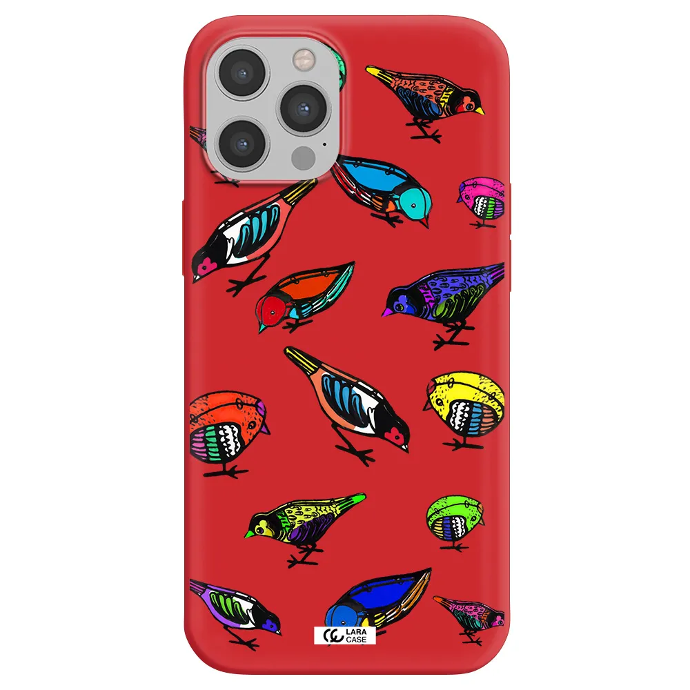 Colorful Birds Drawing Apple iPhone 12 pro max Silicone Imperial Red Case