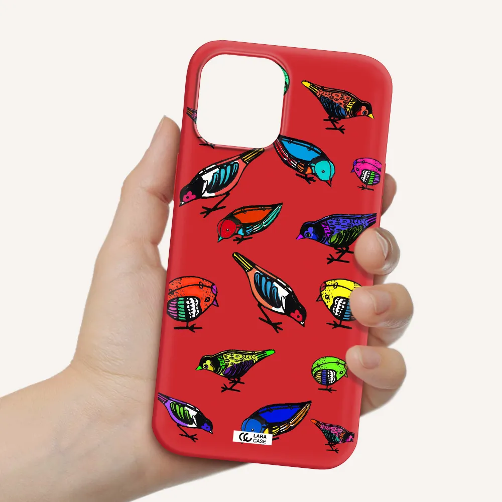Colorful Birds Drawing Apple iPhone 12 pro max Silicone Imperial Red Case