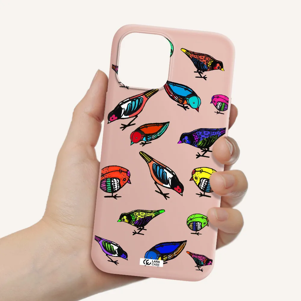Colorful Birds Drawing Apple iPhone 12 pro max Silicone pastel pink Case