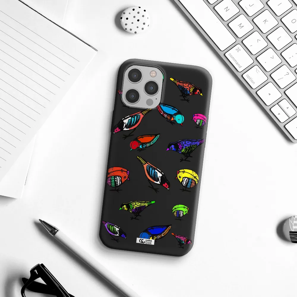 Colorful Birds Drawing Apple iPhone 12 pro Silicone black Case