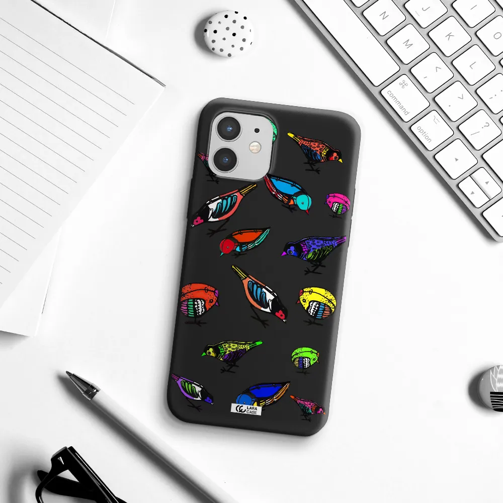 Colorful Birds Drawing Apple iPhone 12 Silicone black Case