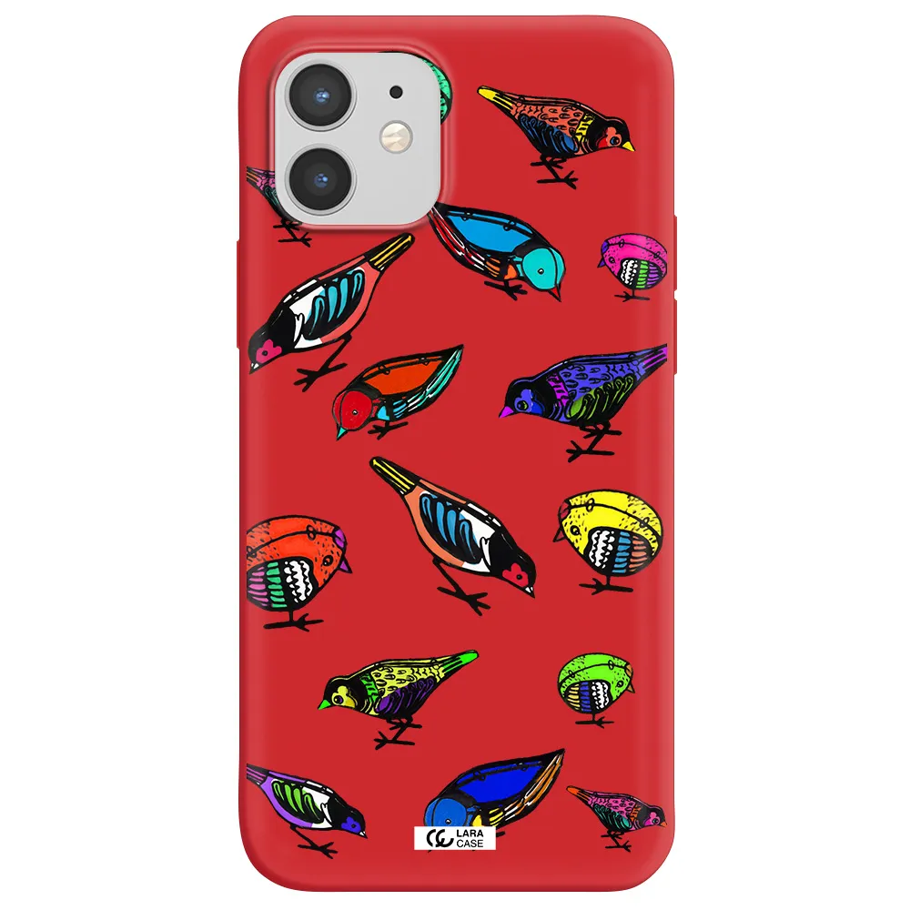 Colorful Birds Drawing Apple iPhone 12 Silicone Imperial Red Case