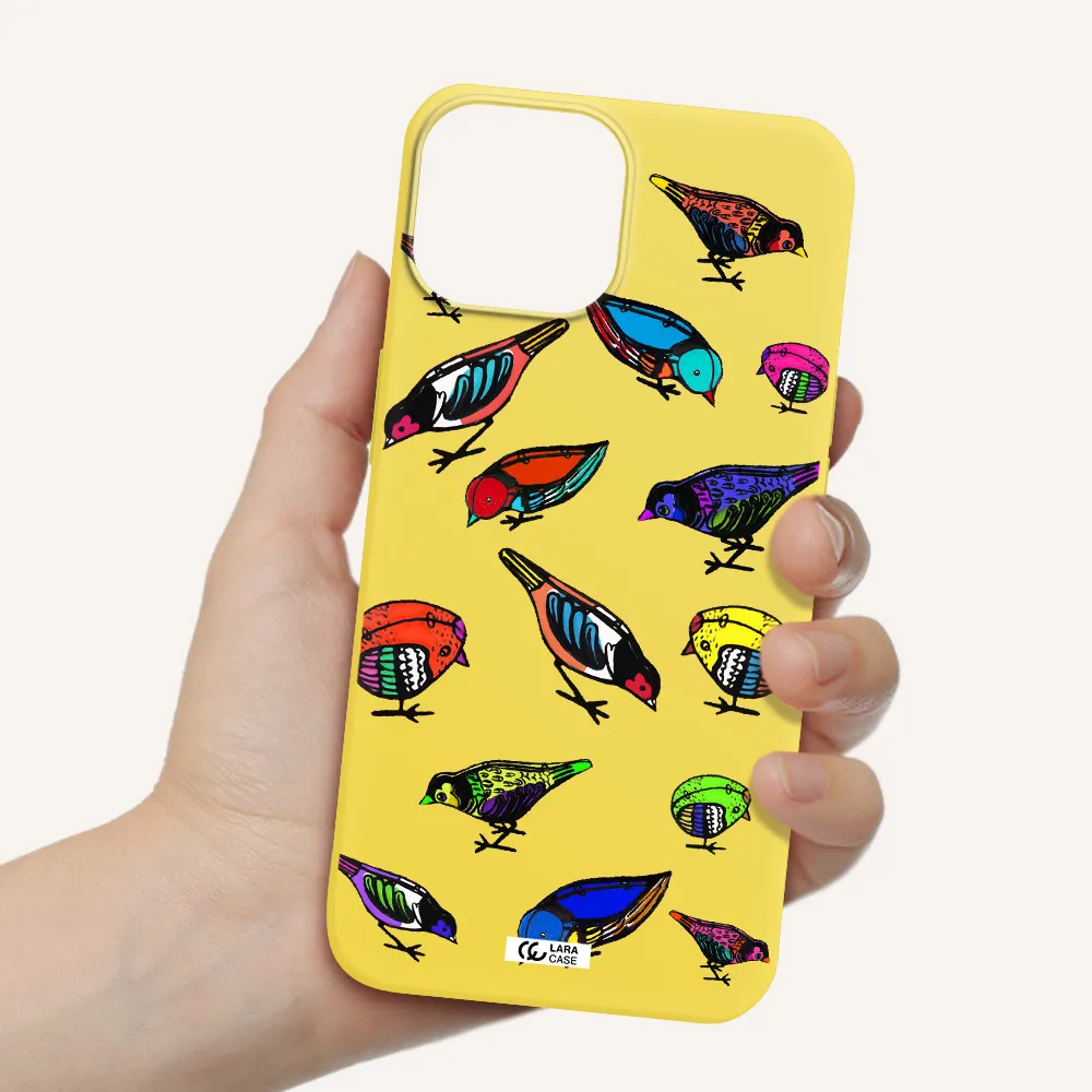Colorful Birds Drawing Apple iPhone 13 mini Silicone canary yellow Case