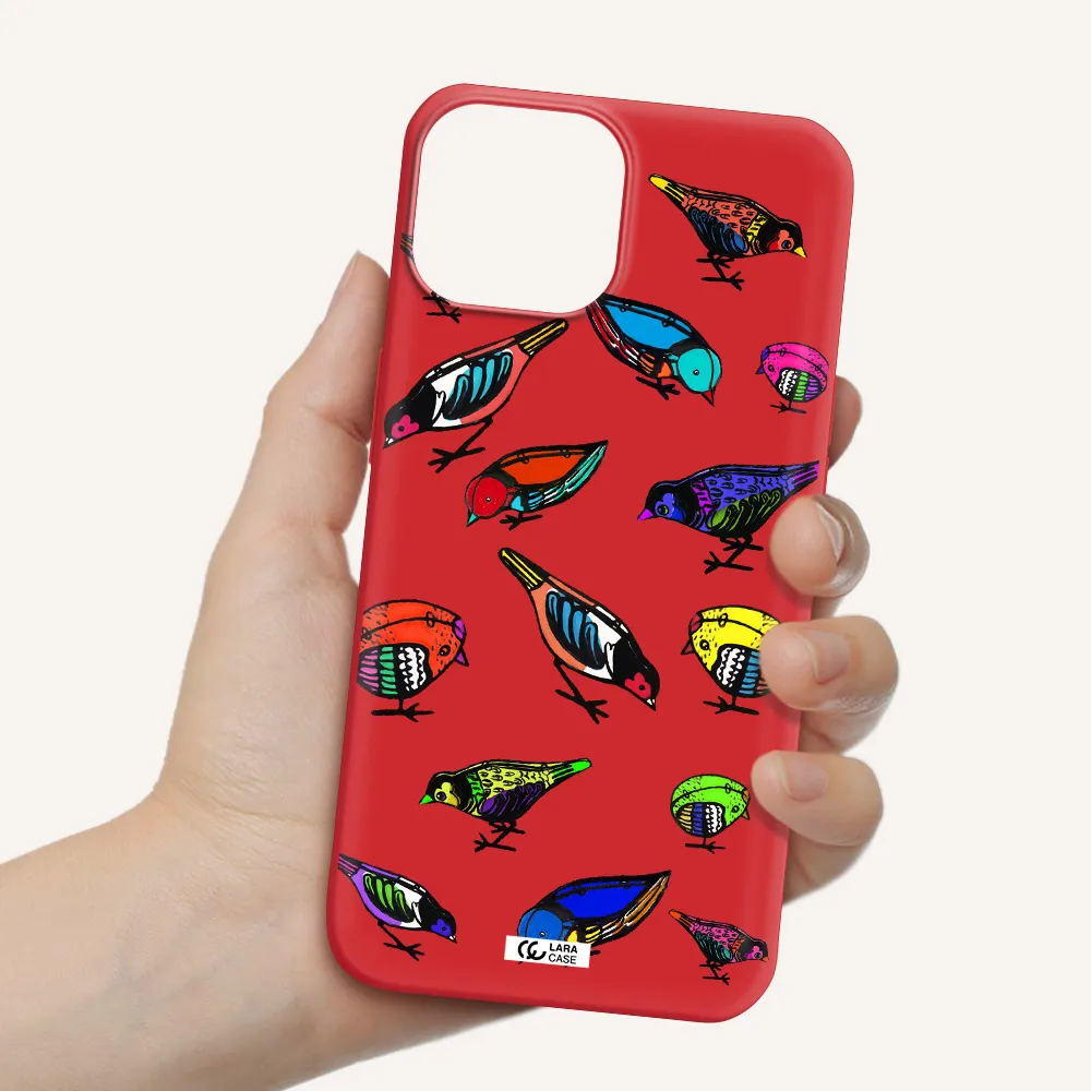 Colorful Birds Drawing Apple iPhone 13 mini Silicone Imperial Red Case