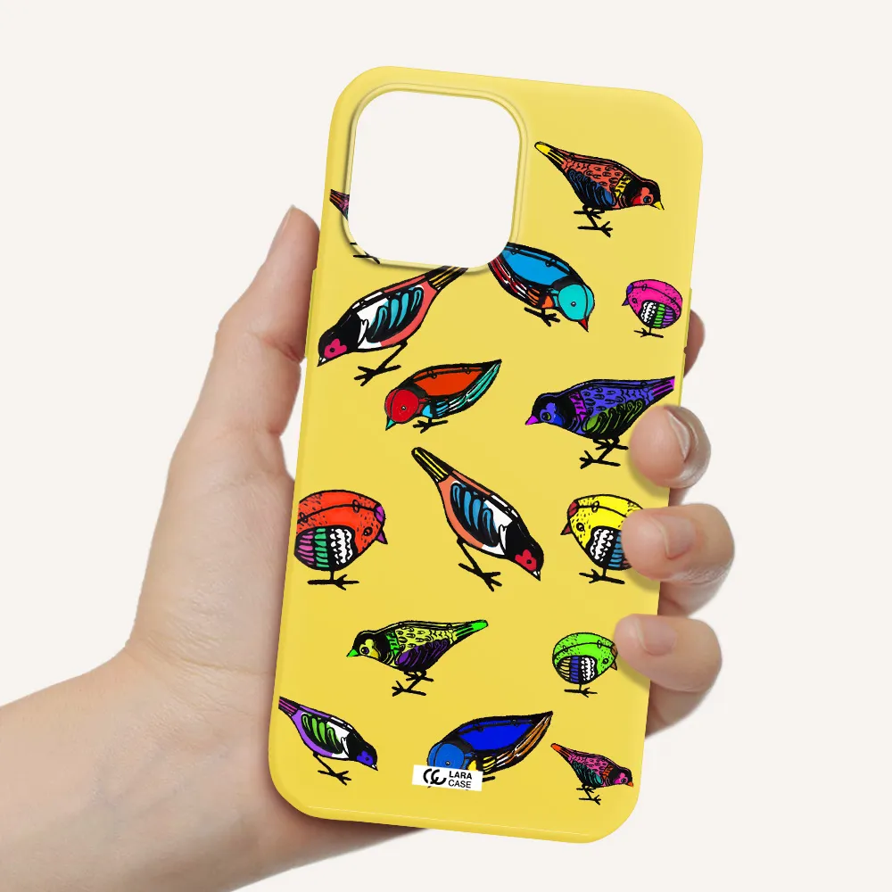 Colorful Birds Drawing Apple iPhone 13 Pro Max Silicone canary yellow Case