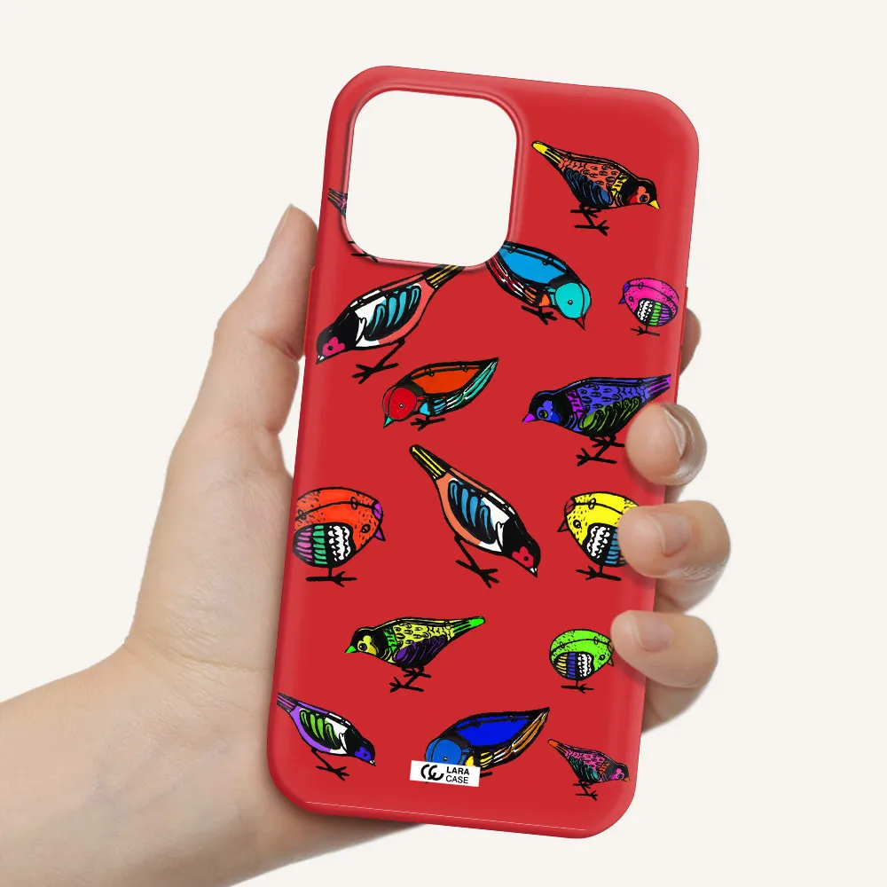 Colorful Birds Drawing Apple iPhone 13 Pro Max Silicone Imperial Red Case