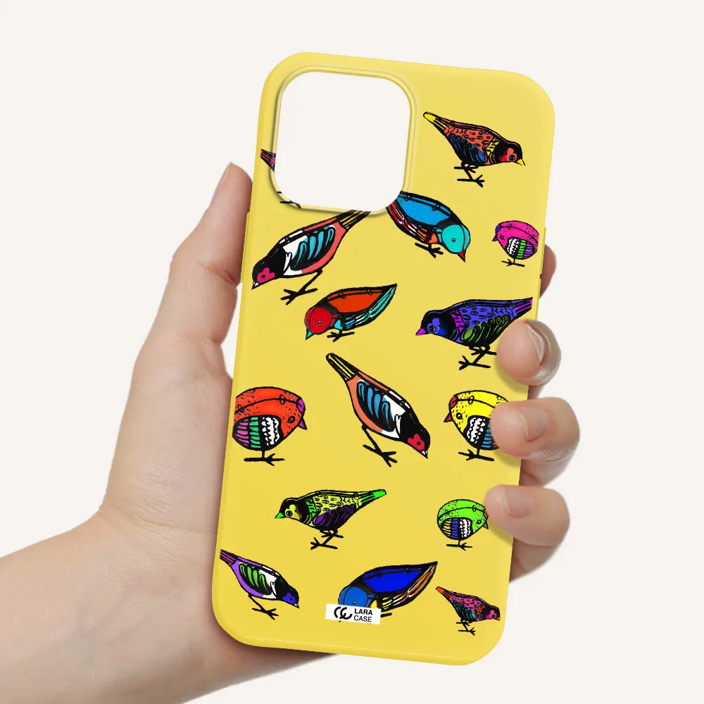 Colorful Birds Drawing Apple iPhone 13 Pro Silicone canary yellow Case