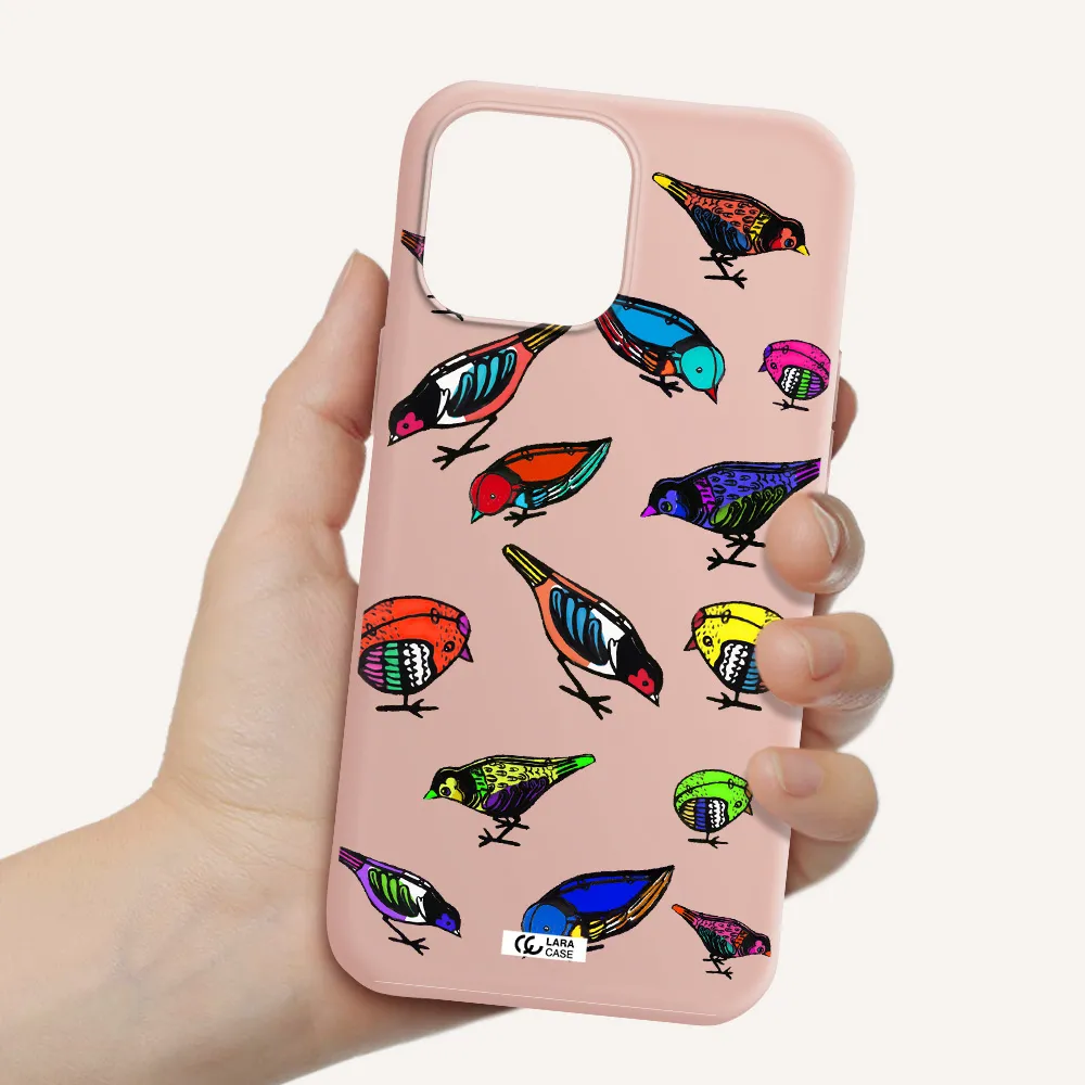 Colorful Birds Drawing Apple iPhone 13 Pro Silicone pastel pink Case