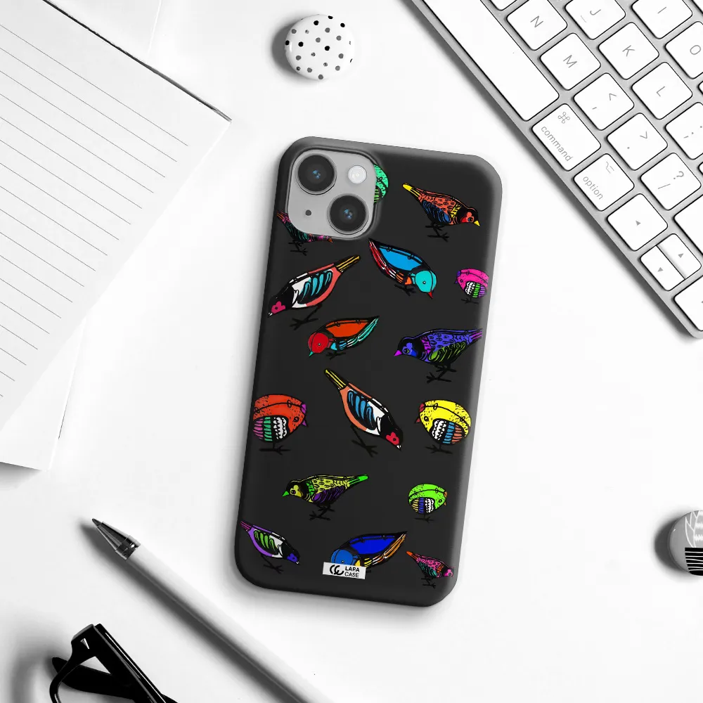Colorful Birds Drawing Apple iPhone 14 plus Silicone black Case