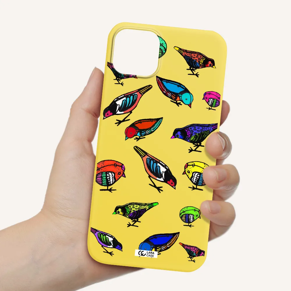 Colorful Birds Drawing Apple iPhone 14 plus Silicone canary yellow Case