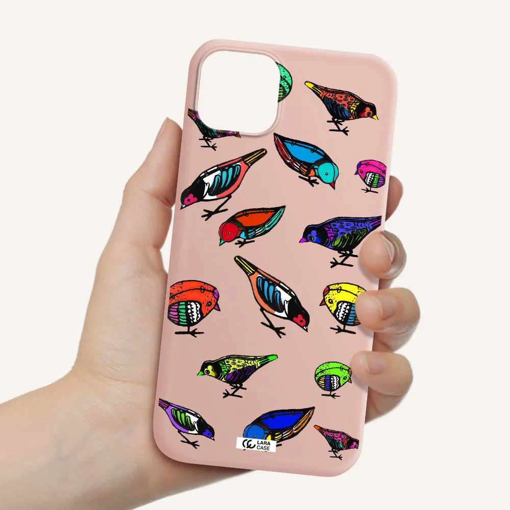 Colorful Birds Drawing Apple iPhone 14 plus Silicone pastel pink Case